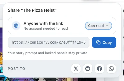 The Share popover for a comic: Anyone with the link → Can read, the share URL with a Copy button, and post-to buttons for X, Reddit, Facebook and WhatsApp