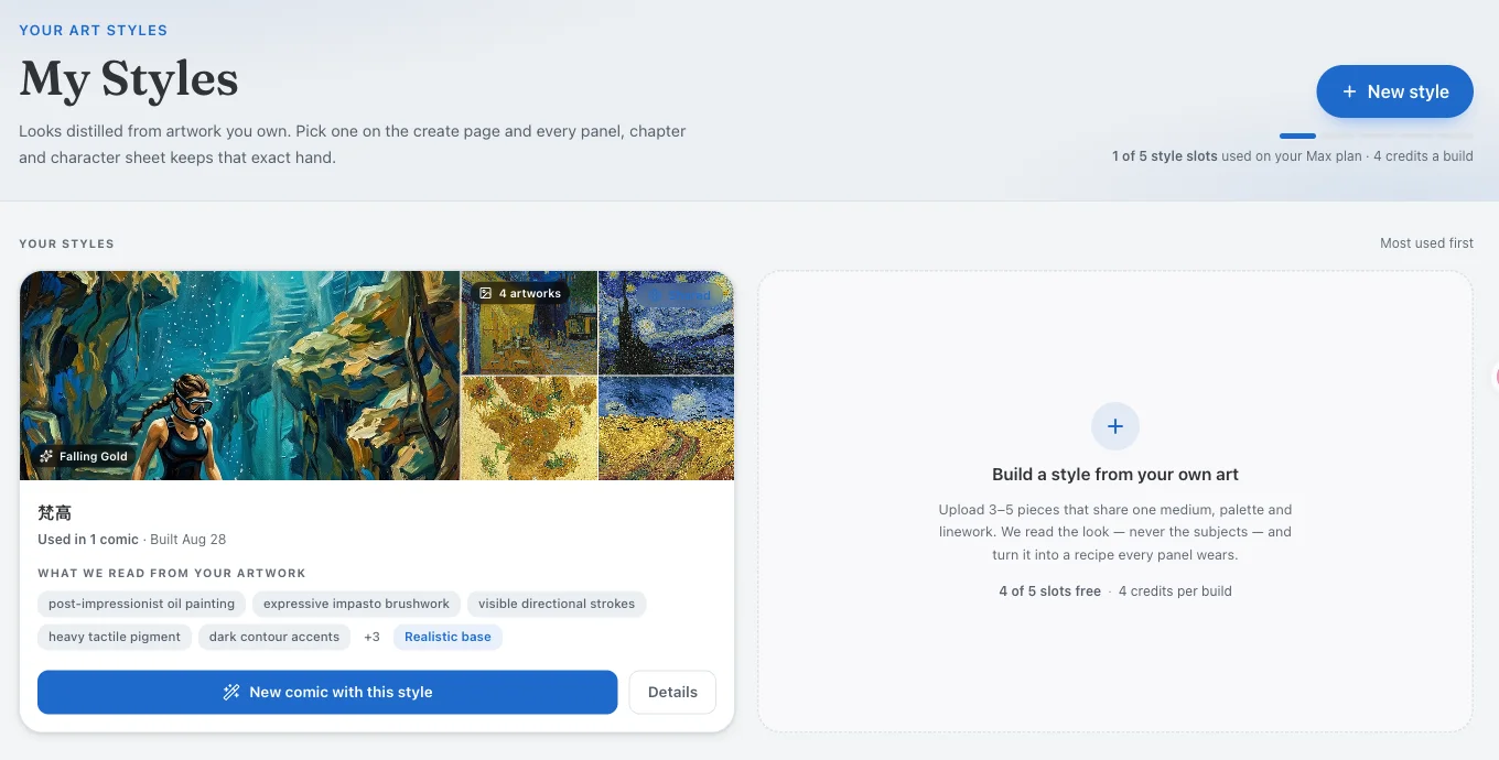 The My Styles page with one custom style built from four post-impressionist paintings, showing the traits the AI read from the artwork