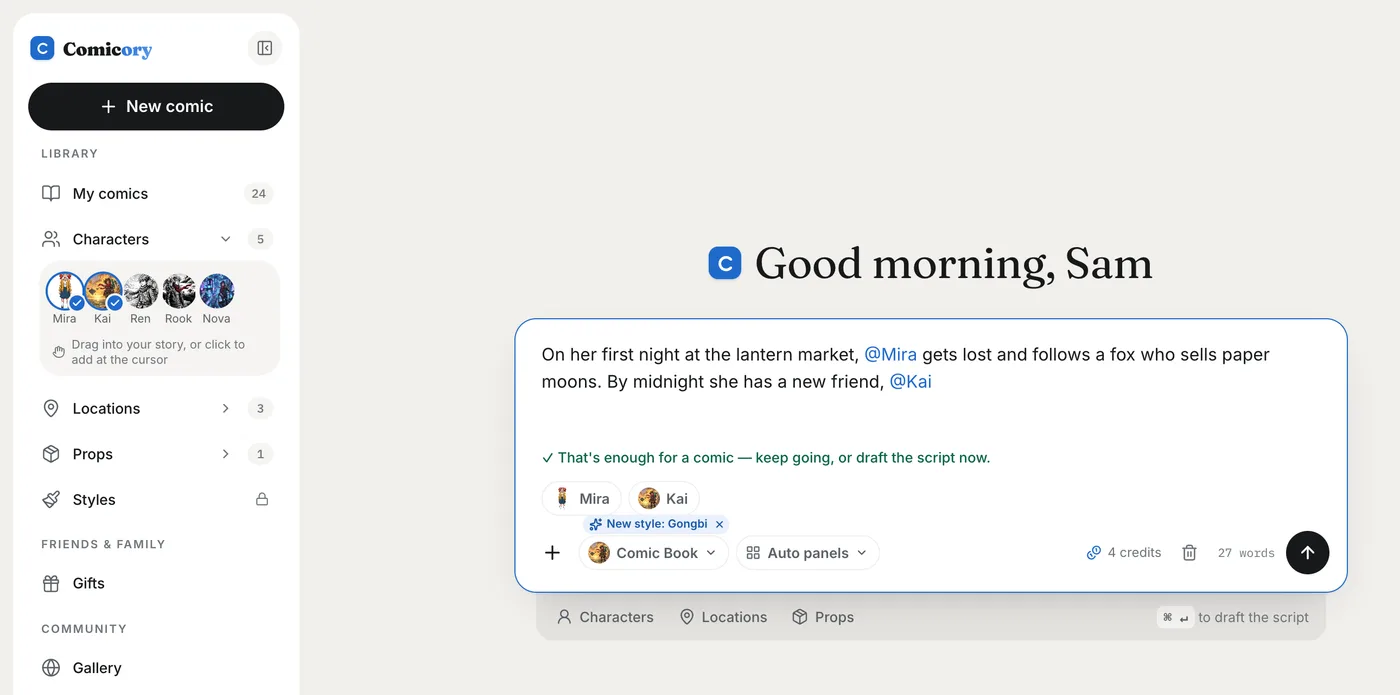 The Create page with the sidebar's Characters strip open: Mira and Kai carry blue checks and appear as @Mira and @Kai in the story and as chips below it