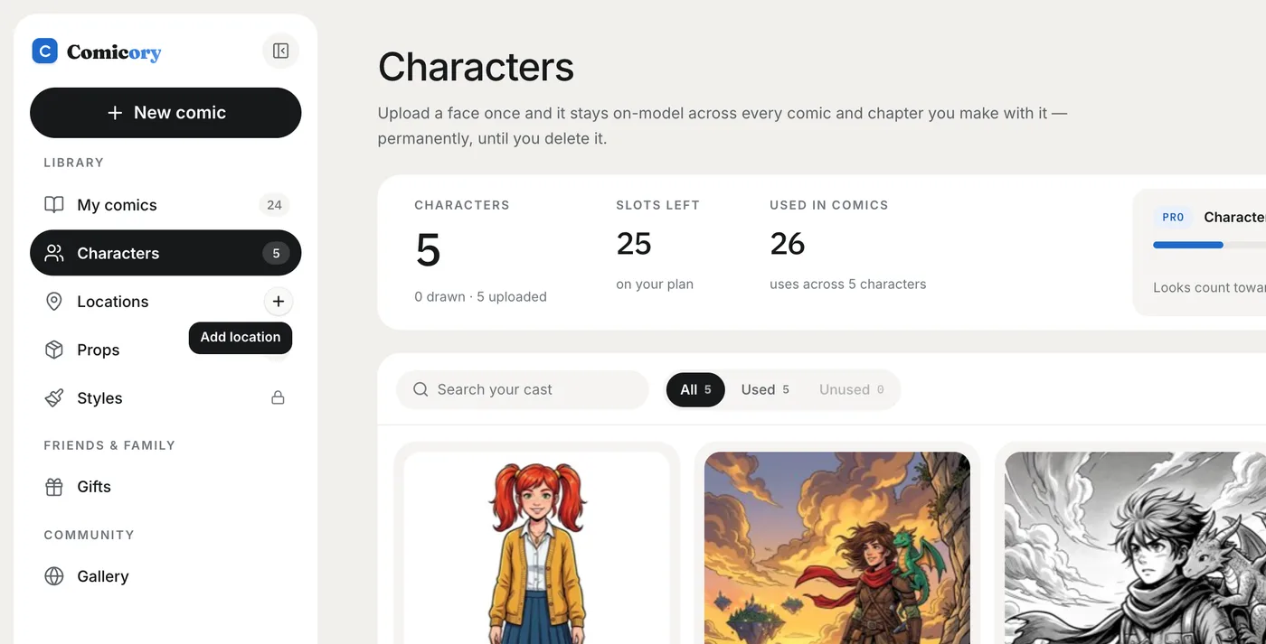 The sidebar on the Characters page with the pointer on Locations: its count has turned into a + with an Add location label