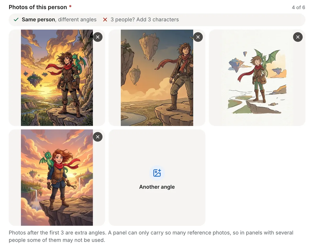 The New character form with four photos of the same adventurer added and a fifth slot labelled Another angle, above a note that photos after the first three are extra angles