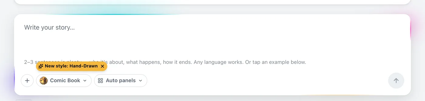 The new story composer on the create page, with style and panel-count pickers inline under the text box