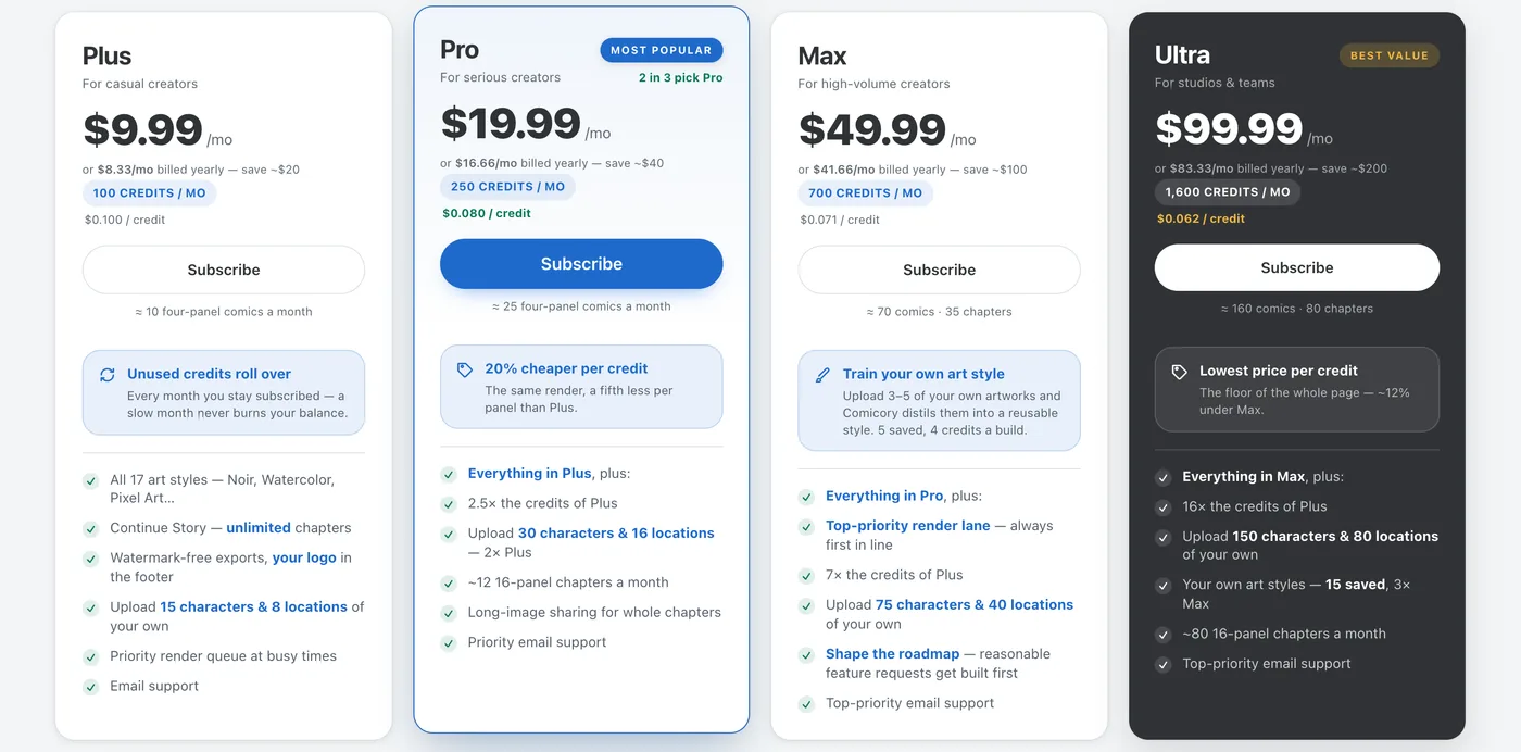 Comicory pricing cards: Plus, Pro, Max and the new Ultra plan
