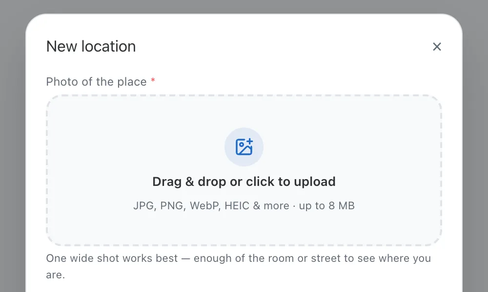 The New location dialog's photo drop zone with the hint JPG, PNG, WebP, HEIC & more · up to 8 MB