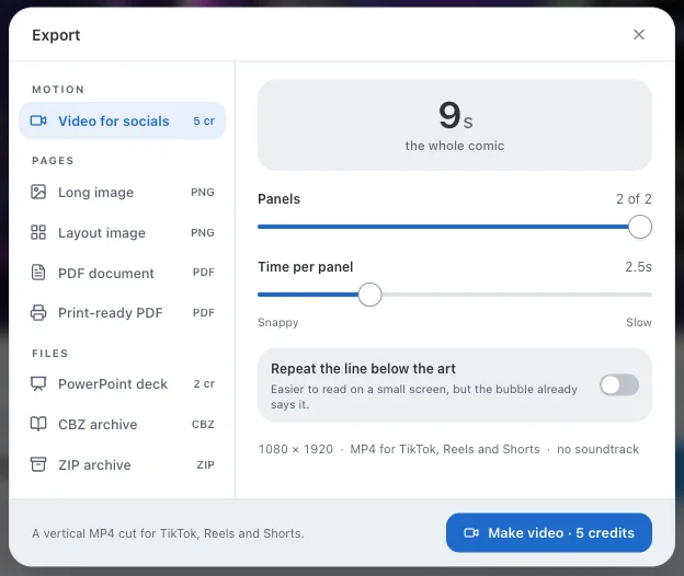 The Export dialog with Video for socials selected: total duration, panel range slider, time-per-panel slider and a toggle to repeat dialogue below the art